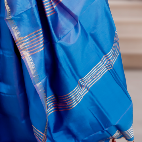 Soft Woven Bishnupuri Katan Silk Saree –Blue with 1-inch Border