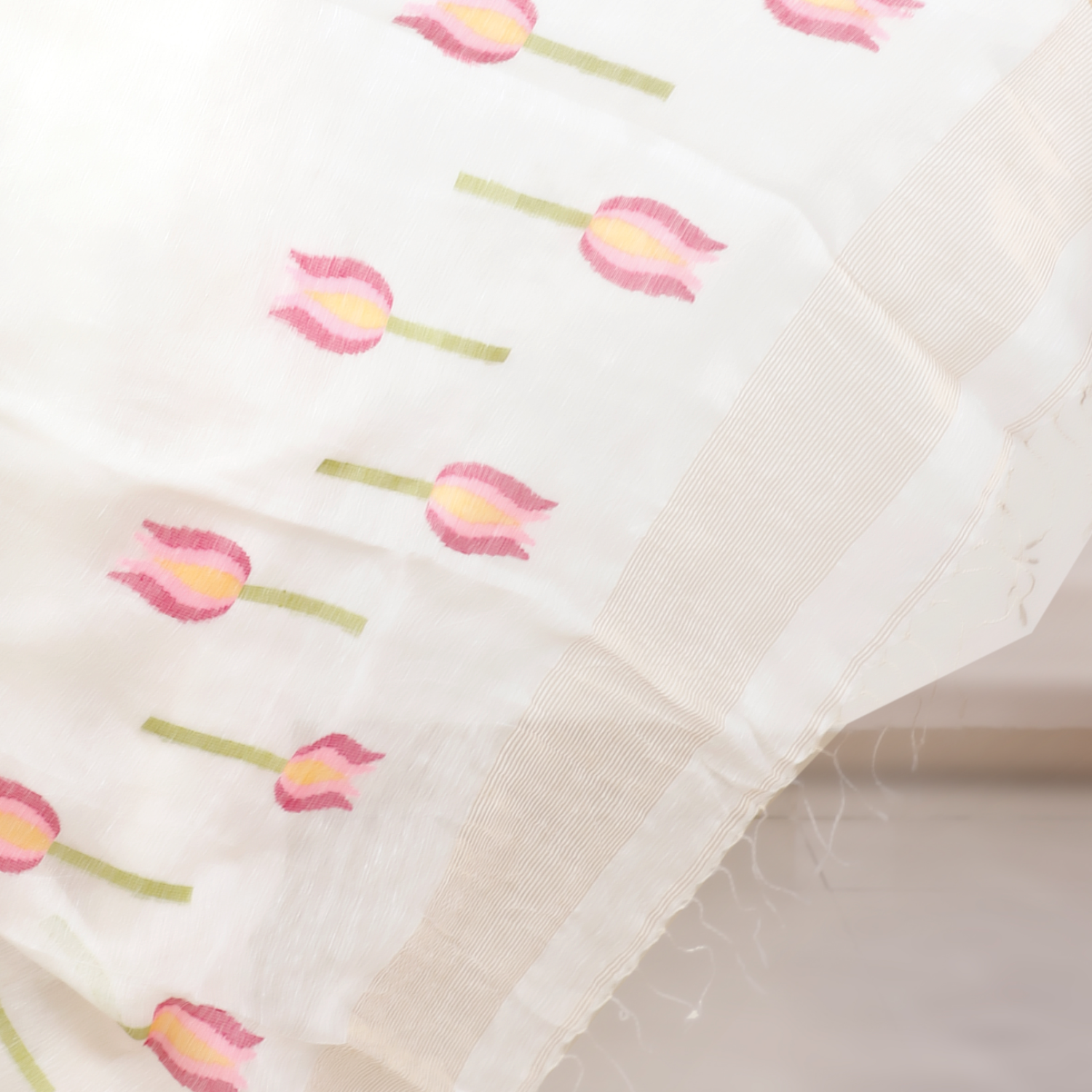 Silk Linen Jamdani Saree with Gold Zari Border – White