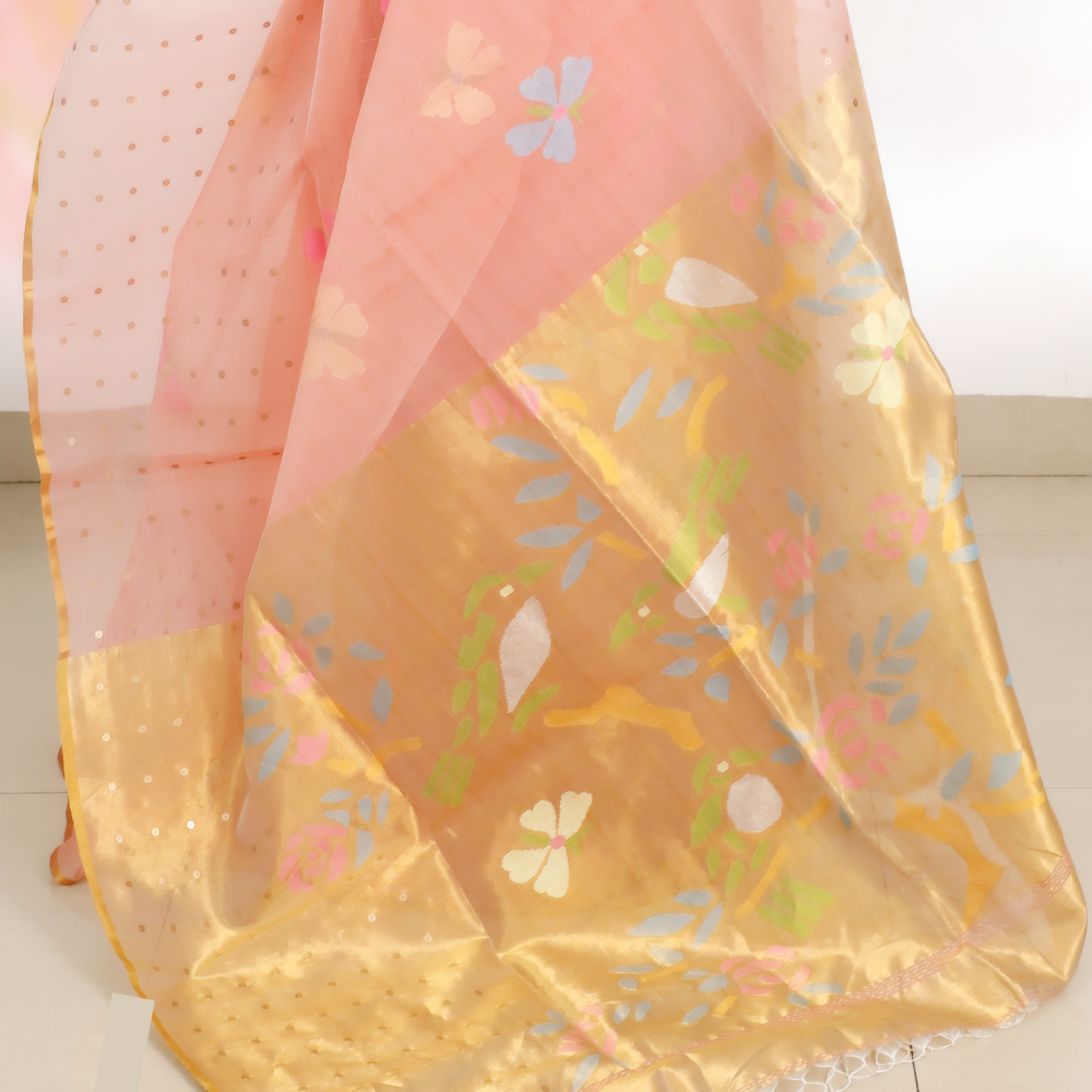 Pure Muslin Paithani Jamdani Saree with Sequins – Peach Pink