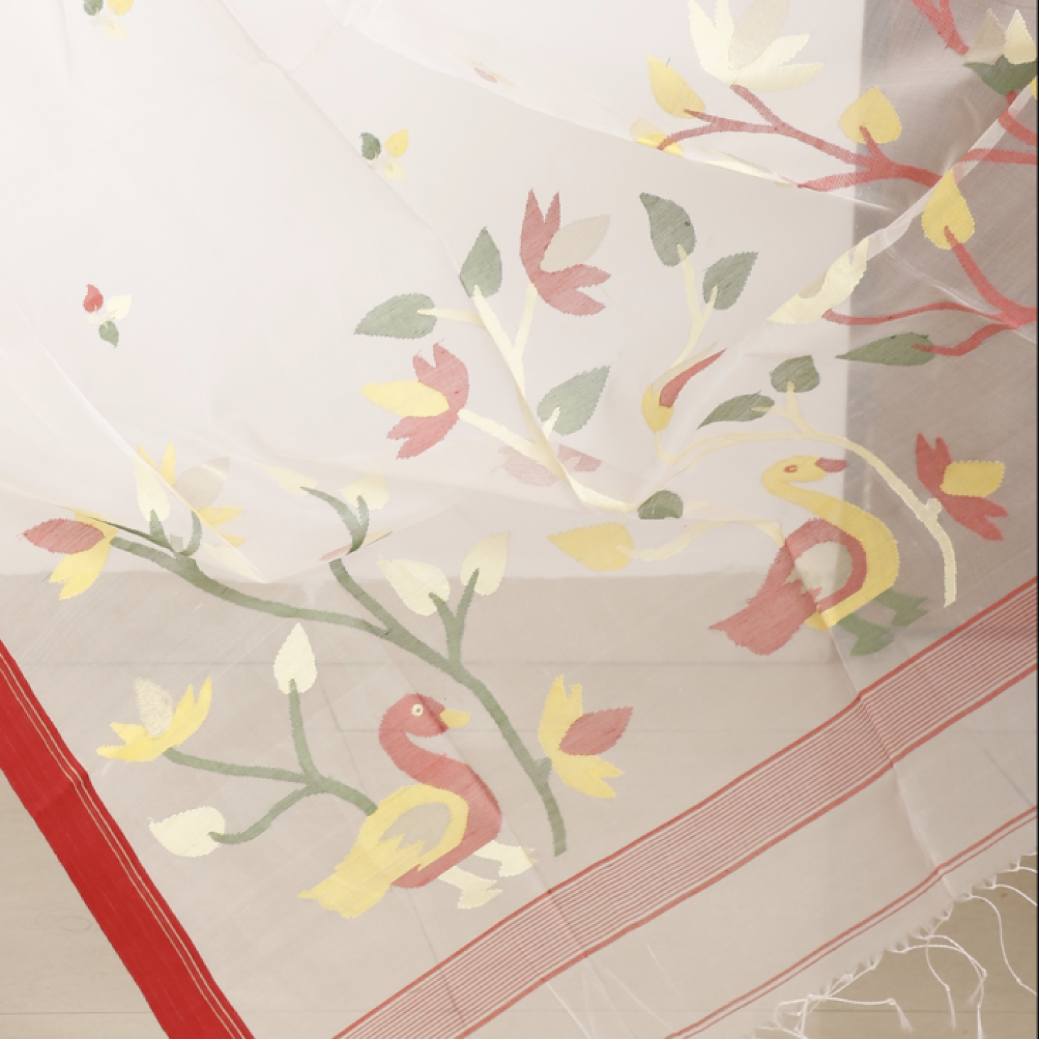 White Muslin Silk Handwoven Dhakai Jamdani Saree with Red Border