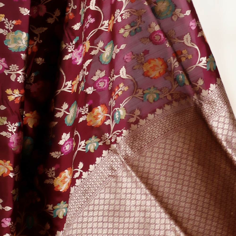 Pure Katan Silk Banarasi Jamdani Saree – Handwoven with Floral Motifs