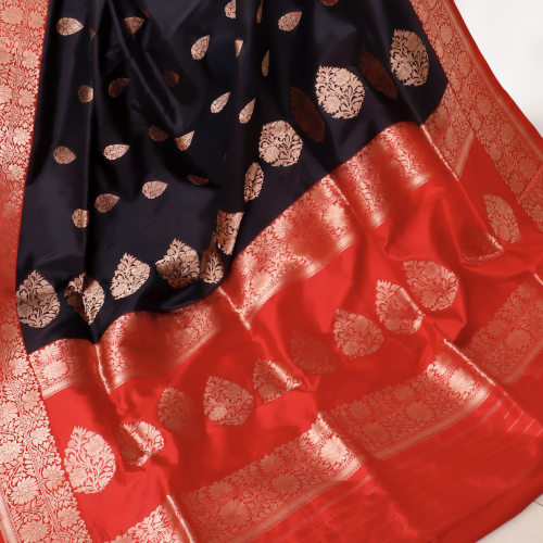 Banarasi Handloom Pure Katan Silk Saree with Kaduwa Zari Buti – Black & Red