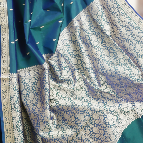 Dual Tone Green & Blue Katan Resham Kadwa Banarasi Silk Saree