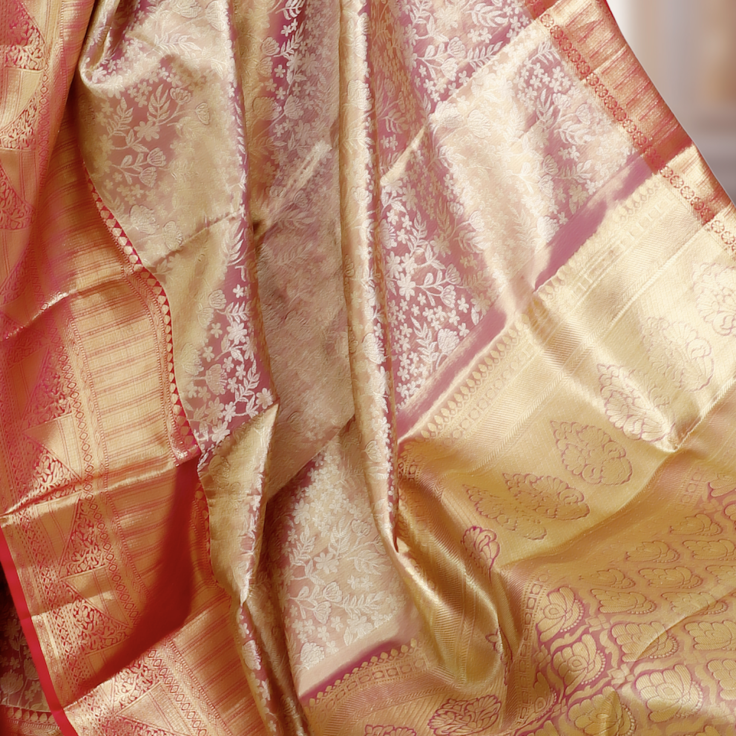 Brocade Pure Kanchipuram Mulberry Silk Saree – Dual Tone Gold & Pink