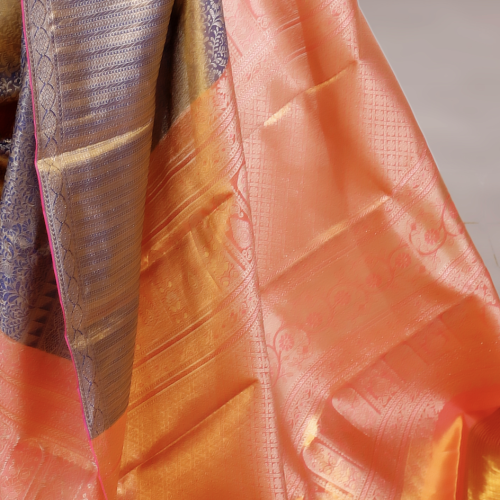 Brocade Pure Kanchipuram Silk Saree – Gold & Silver Dual Tone with Pink Pallu
