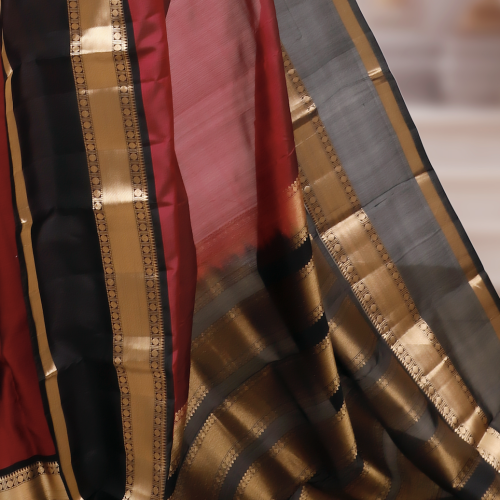 Handwoven Maroon & Black Kanchipuram Silk Saree with Gold Zari Border