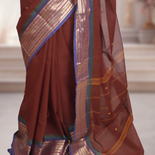 Pure Kanchi Cotton Saree – Burgundy Base &Golden Zari Border
