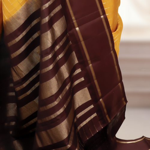 Handwoven Kanchipuram Silk Saree – Mustard Yellow with Dark Brown Border