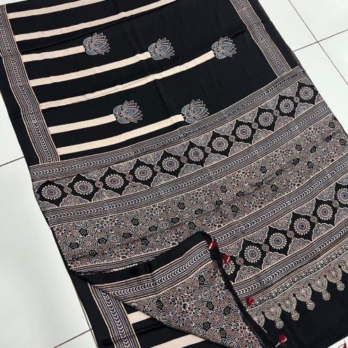 Ajrakh Modal Silk Saree (Black) with Hand Made Tassels