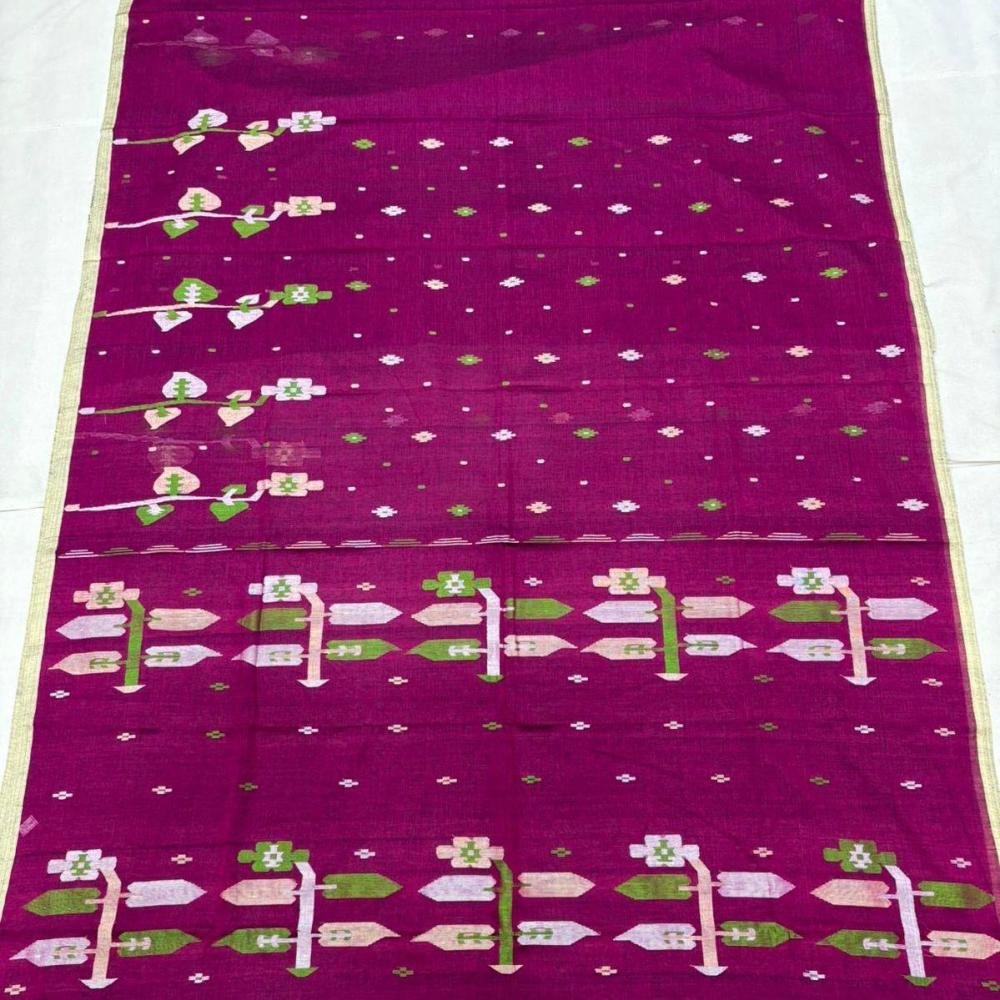 Premium Pure Cotton Handwoven Jamdani Saree – Needle Work in Jamun Pink