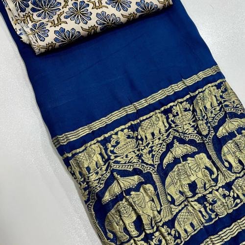 Plain Modal Silk Saree (Deep Blue) With Nakshi Pallu And Ajrakh Blouse