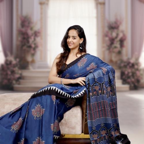 Ajrakh Modal Silk Saree (Blue) with Hand Made Tassels