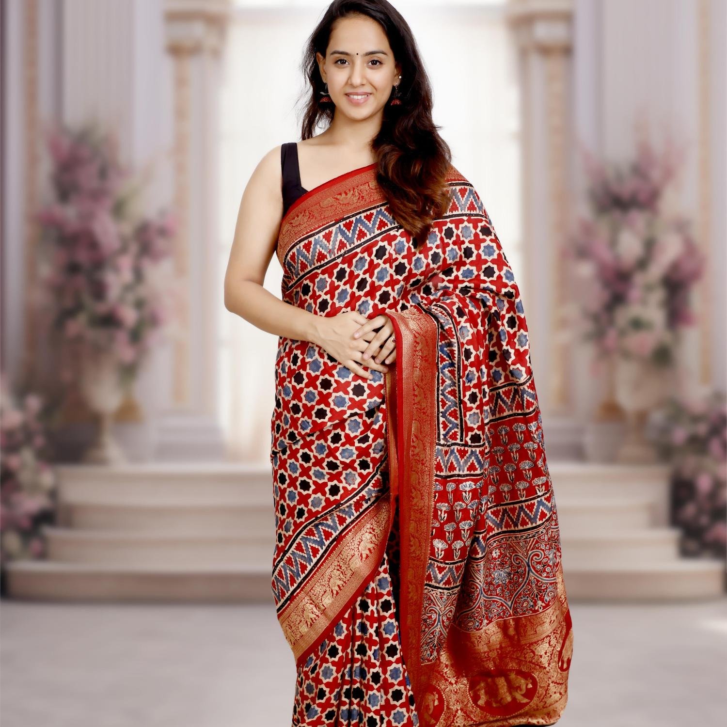 AJRAKH DOLA SILK SAREE (RED) WITH NAKSHI ZARI PALLU