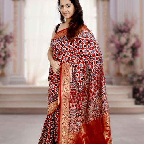 AJRAKH DOLA SILK SAREE (RED) WITH NAKSHI ZARI PALLU