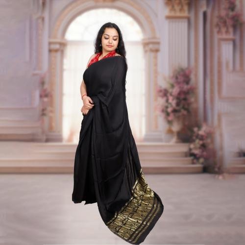 Plain Modal Silk Saree (Black) With Nakshi Pallu And Ajrakh Blouse