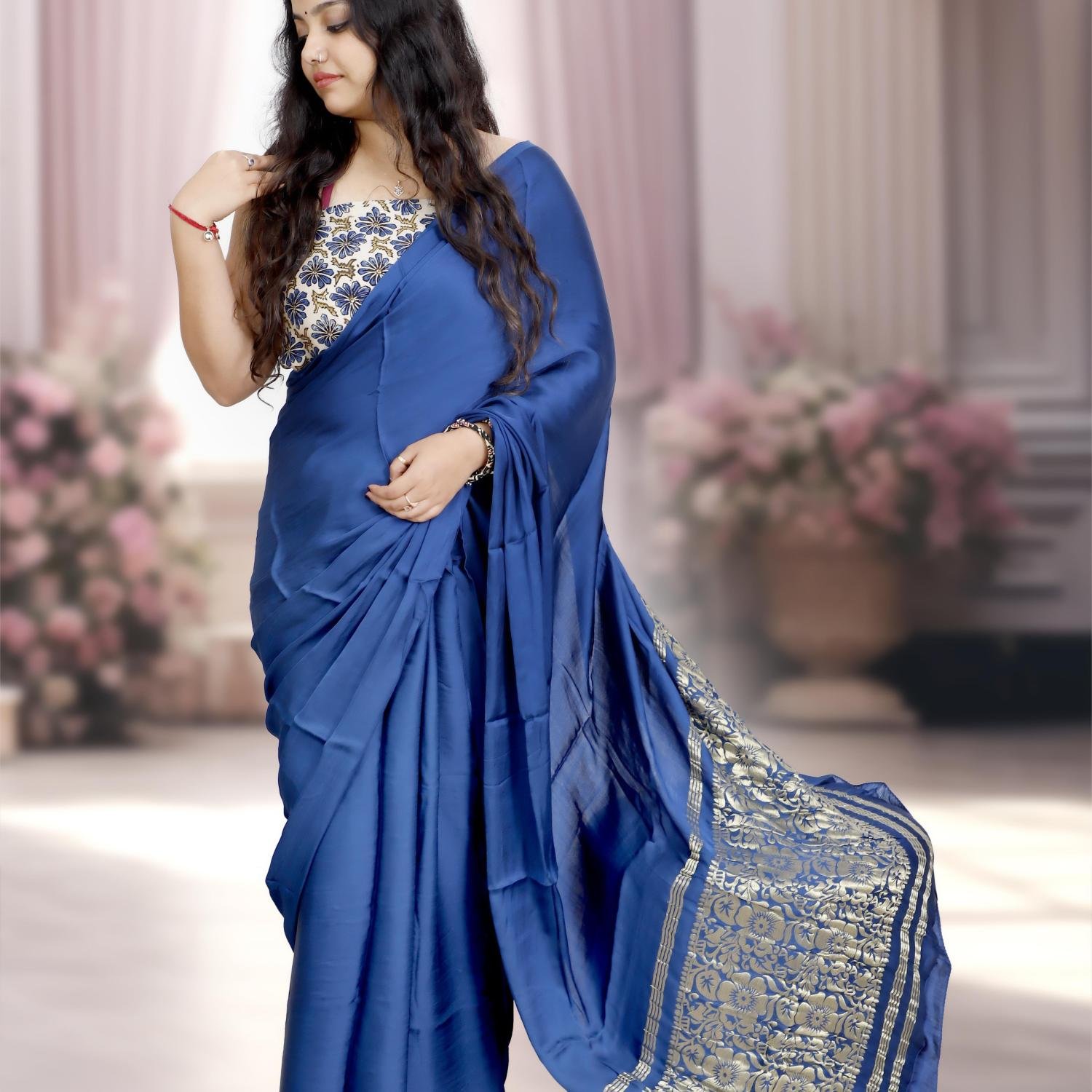 Plain Modal Silk Saree (Deep Blue) With Nakshi Pallu And Ajrakh Blouse