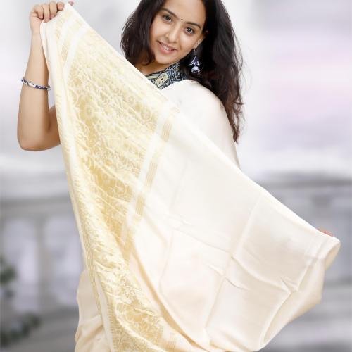 Plain Modal Silk Saree (White) With Nakshi Pallu And Ajrakh Blouse