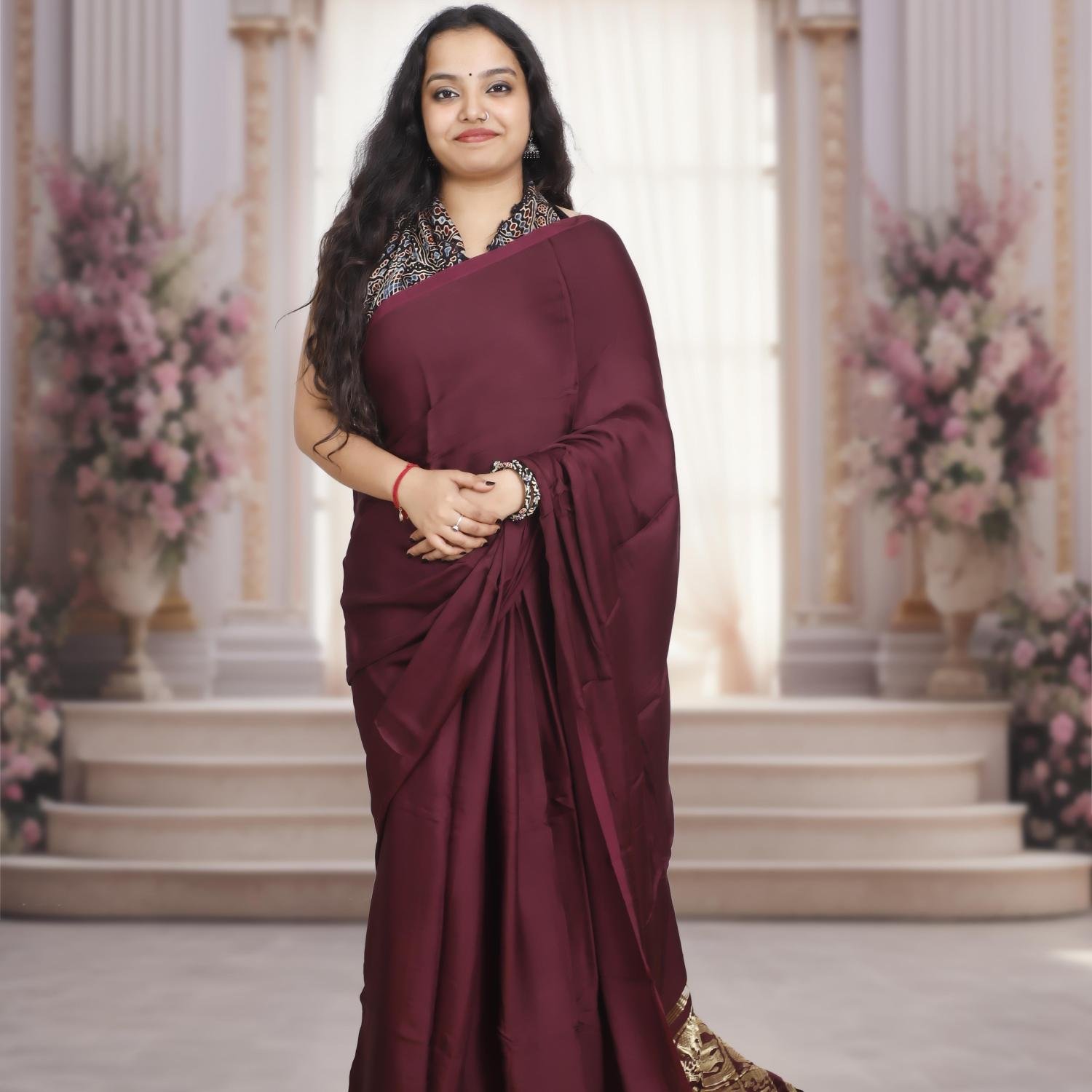 Plain Modal Silk Saree (Brown) With Nakshi Pallu And Ajrakh Blouse