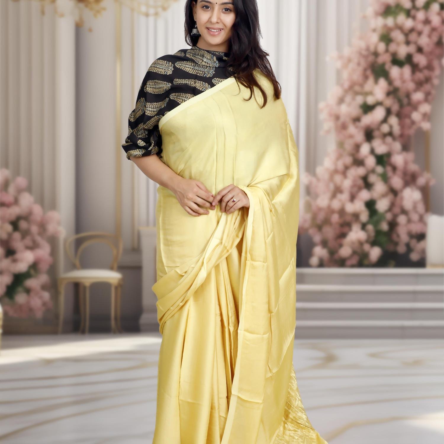 Plain Modal Silk Saree (Yellow) With Nakshi Pallu And Ajrakh Blouse