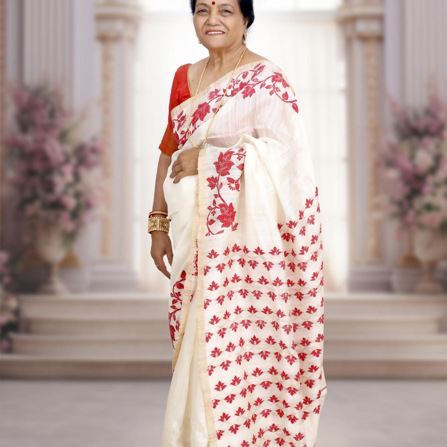 Handwoven Premium Matka Silk Saree with Jamdani Work – Off White with Red Weaving