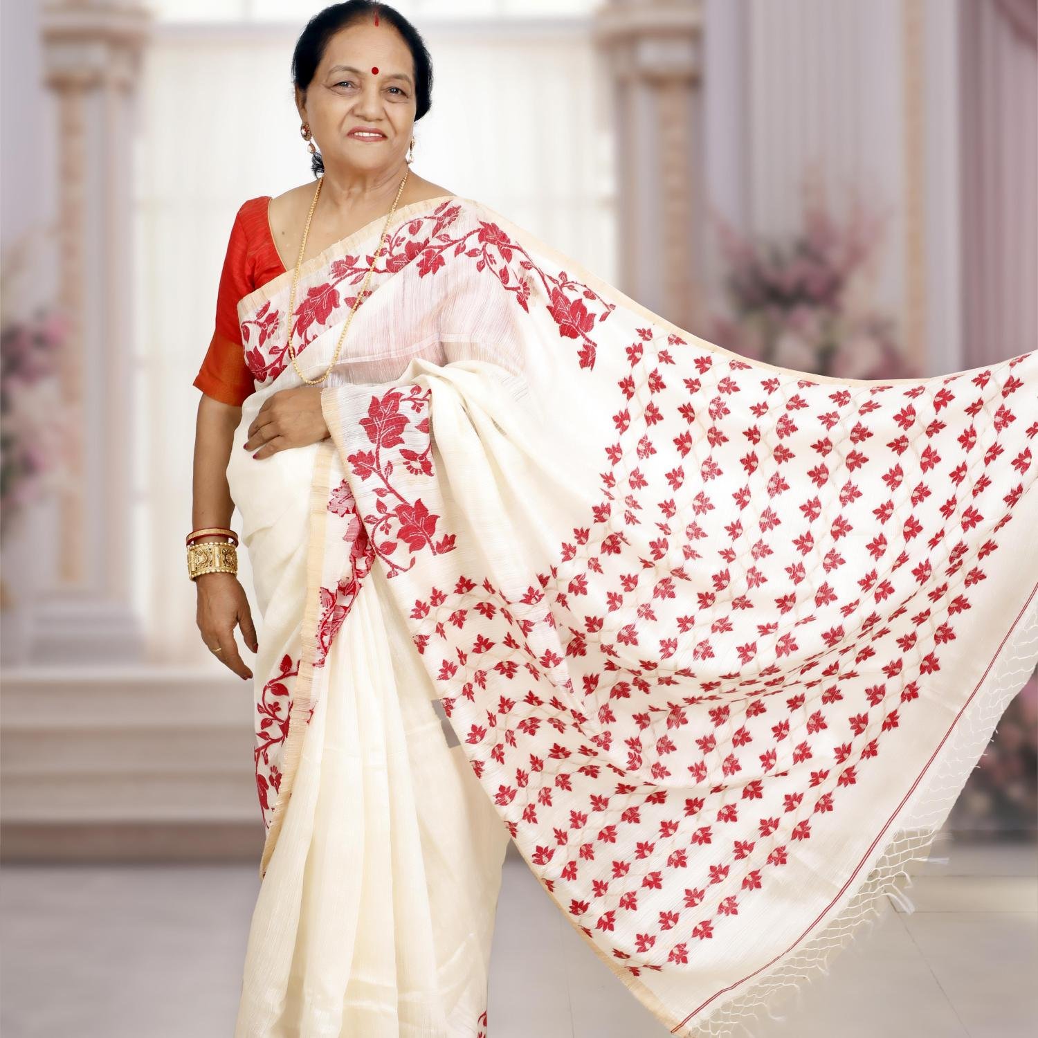 Handwoven Premium Matka Silk Saree with Jamdani Work – Off White with Red Weaving
