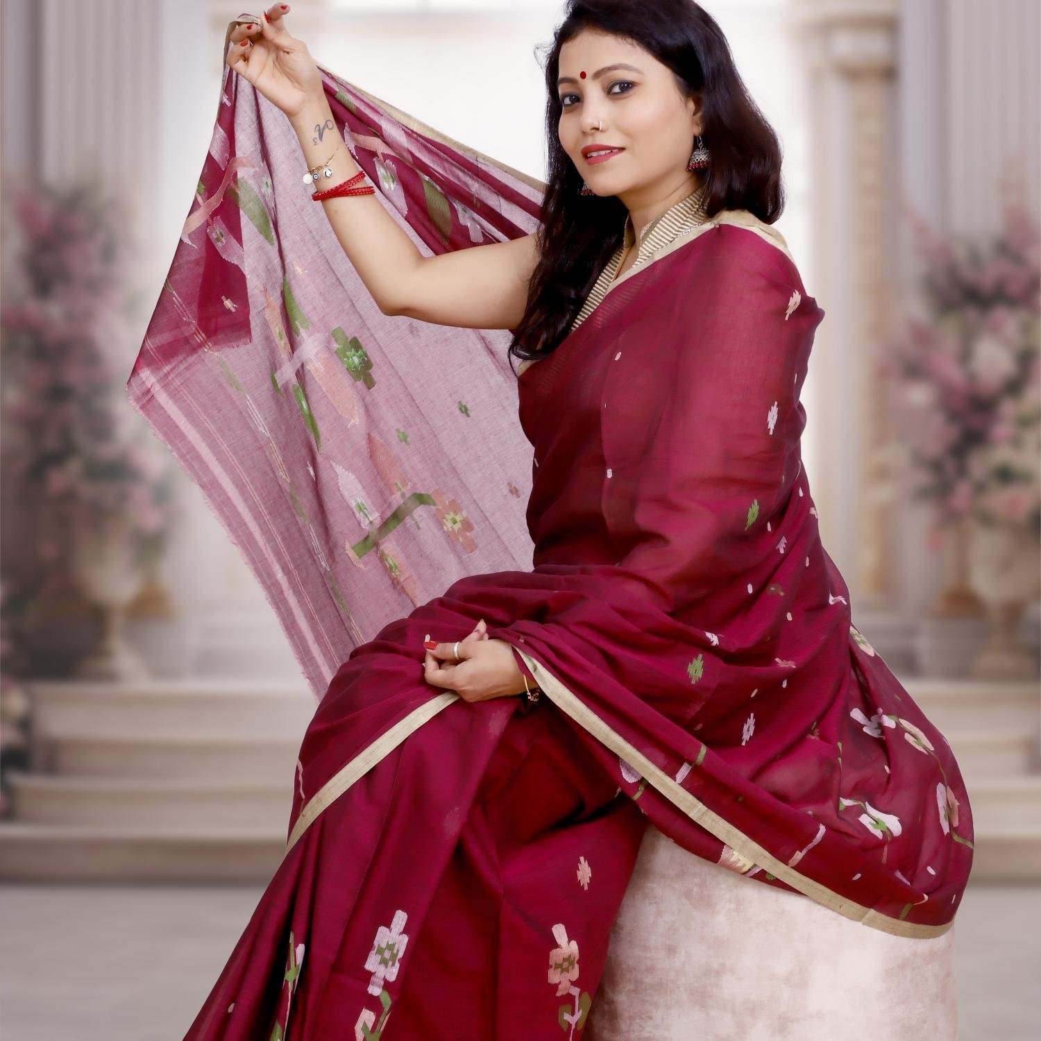 Premium Pure Cotton Handwoven Jamdani Saree – Needle Work in Jamun Pink