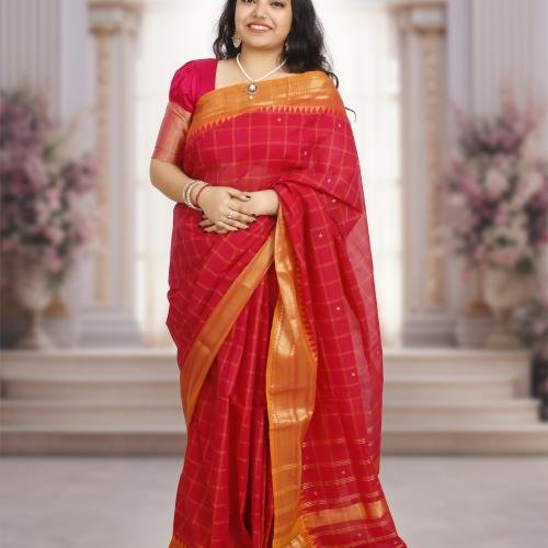 Pure Kanchi Cotton Saree – Red Body with Square Checks, Orange Border & Gold Zari