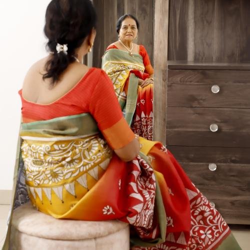 Pure Tussar Silk Saree Dyed Multicolour with Kantha Stitch