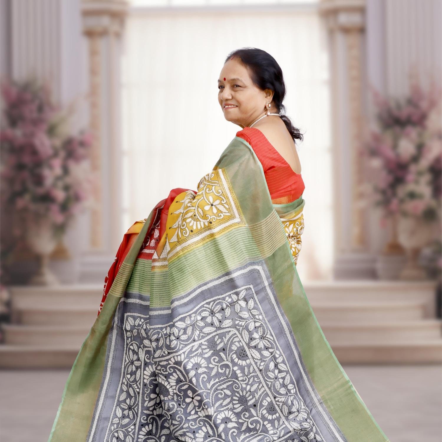 Pure Tussar Silk Saree Dyed Multicolour with Kantha Stitch