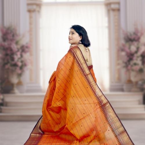 Pure Kanchi Cotton Saree – Orange Body with Brown & Golden Zari Border