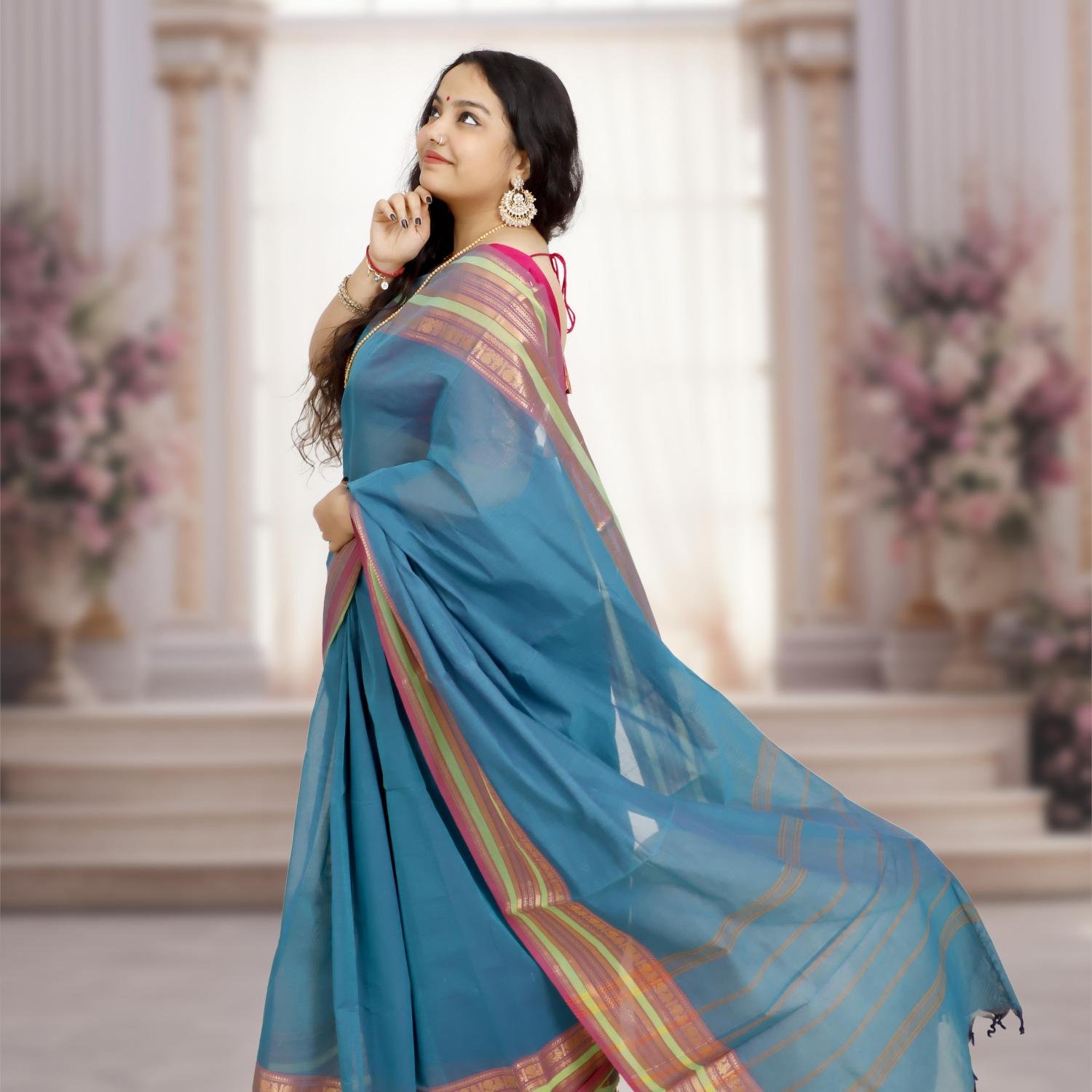 Pure Kanchi Cotton Saree – Blue Base with Pink & Green Border and Gold Zari
