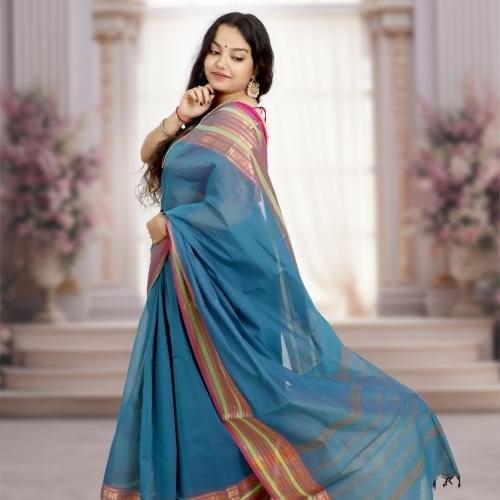 Pure Kanchi Cotton Saree – Blue Base with Pink & Green Border and Gold Zari