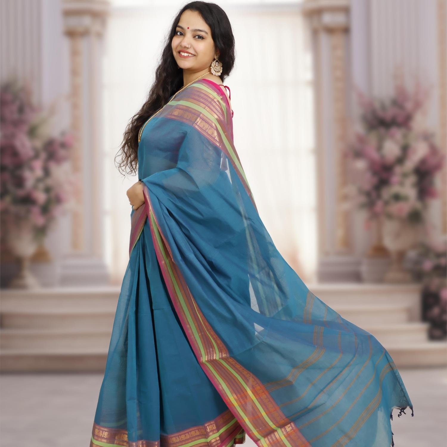 Pure Kanchi Cotton Saree – Blue Base with Pink & Green Border and Gold Zari