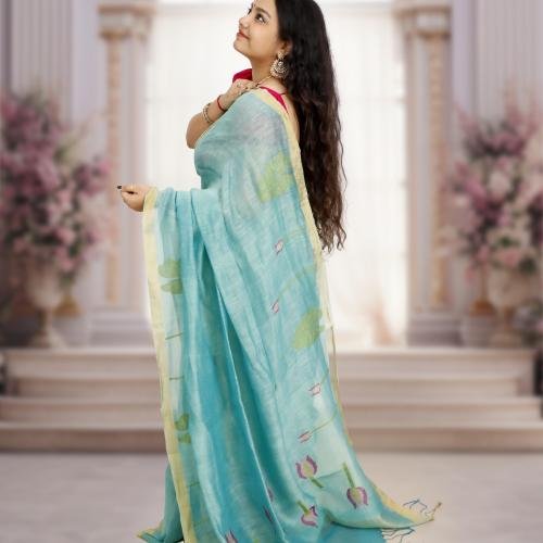 Silk Linen Jamdani Saree with Gold Zari Border – Teal Blue