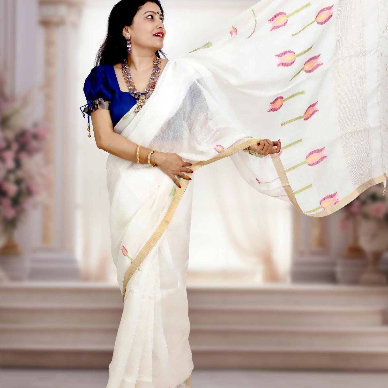 Silk Linen Jamdani Saree with Gold Zari Border – White