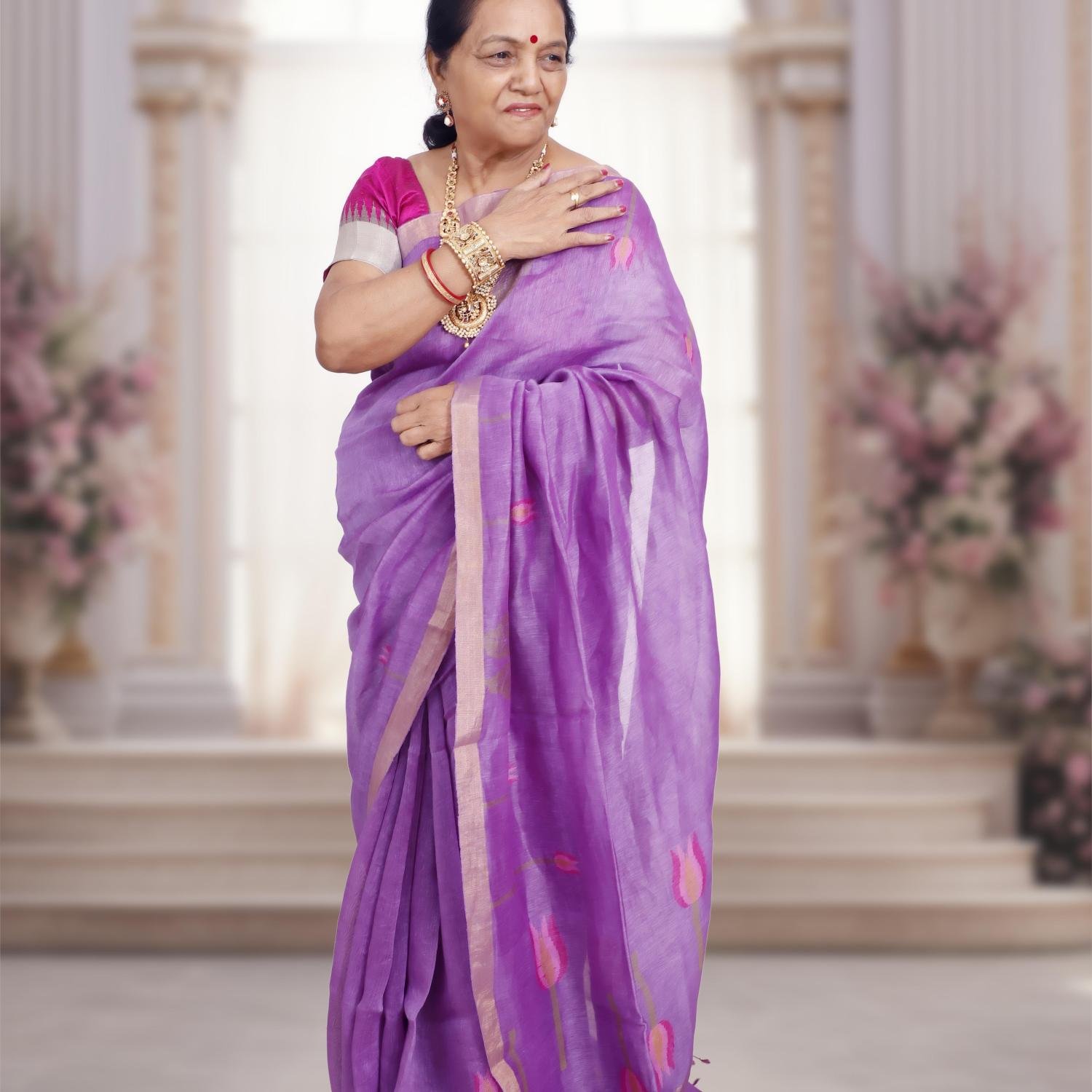 Silk Linen Jamdani Saree with Gold Zari Border – Mauve