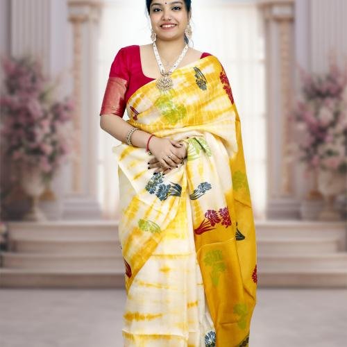 Handwoven Tusser Shrivori Jamdani Saree – Yellow & White