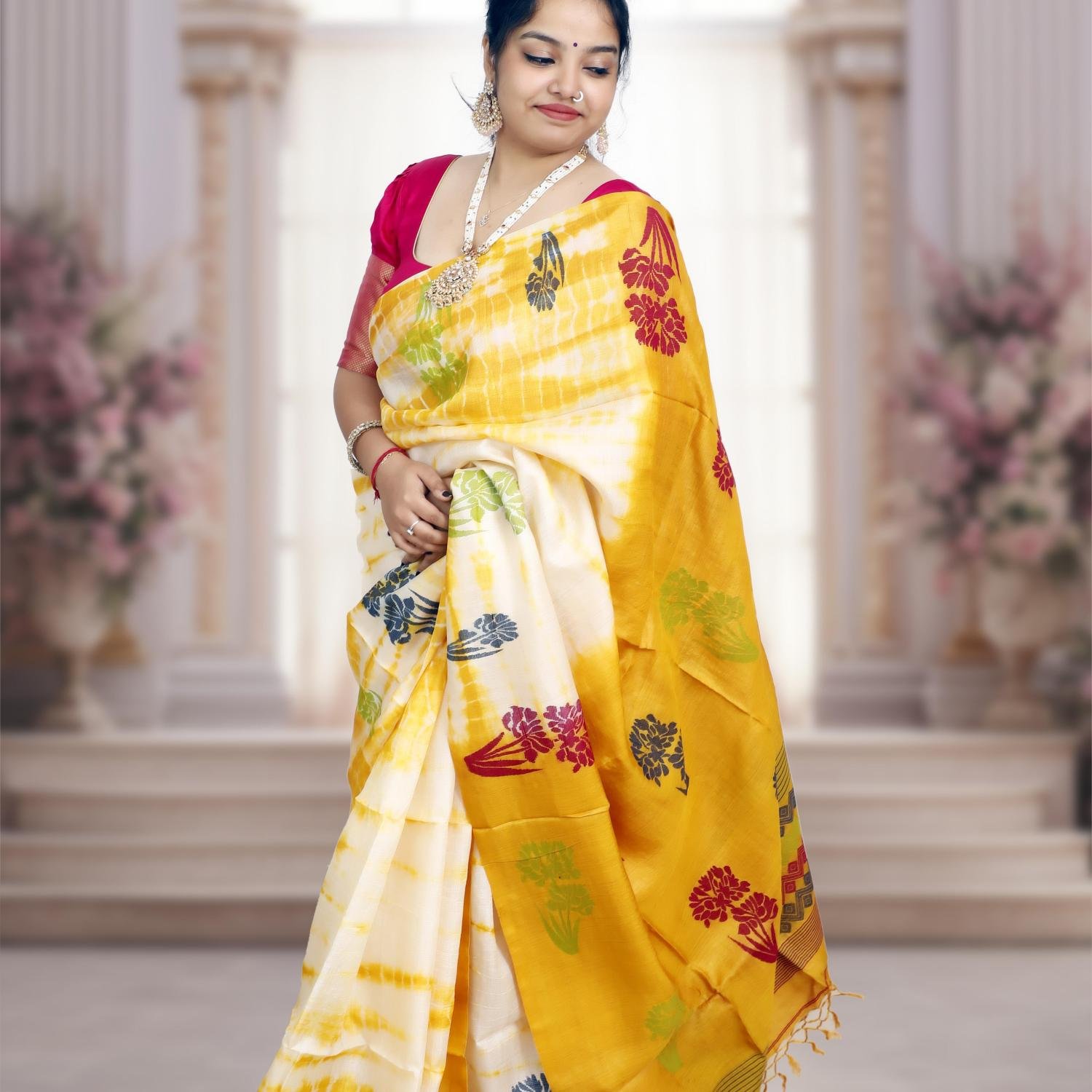 Handwoven Tusser Shrivori Jamdani Saree – Yellow & White