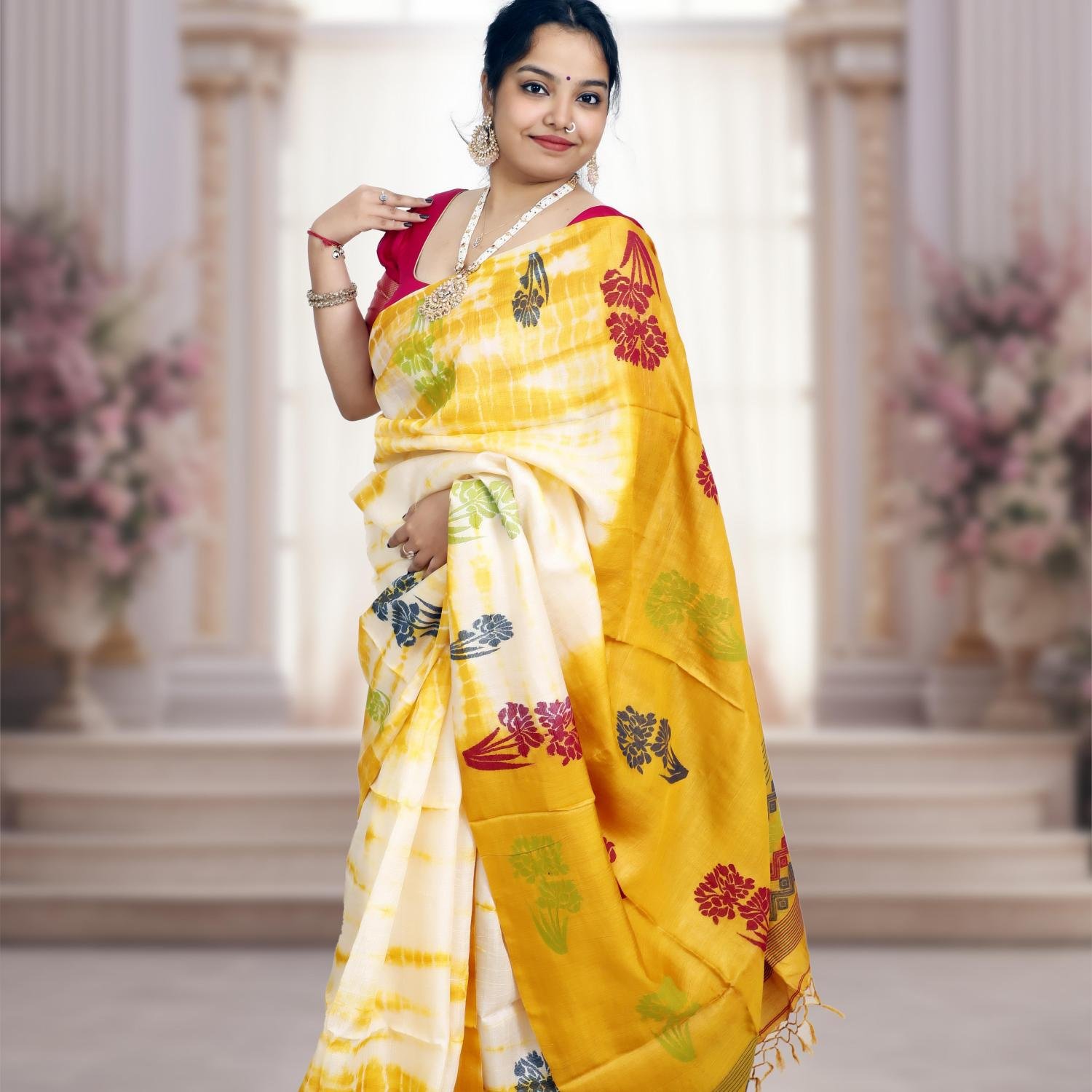 Handwoven Tusser Shrivori Jamdani Saree – Yellow & White