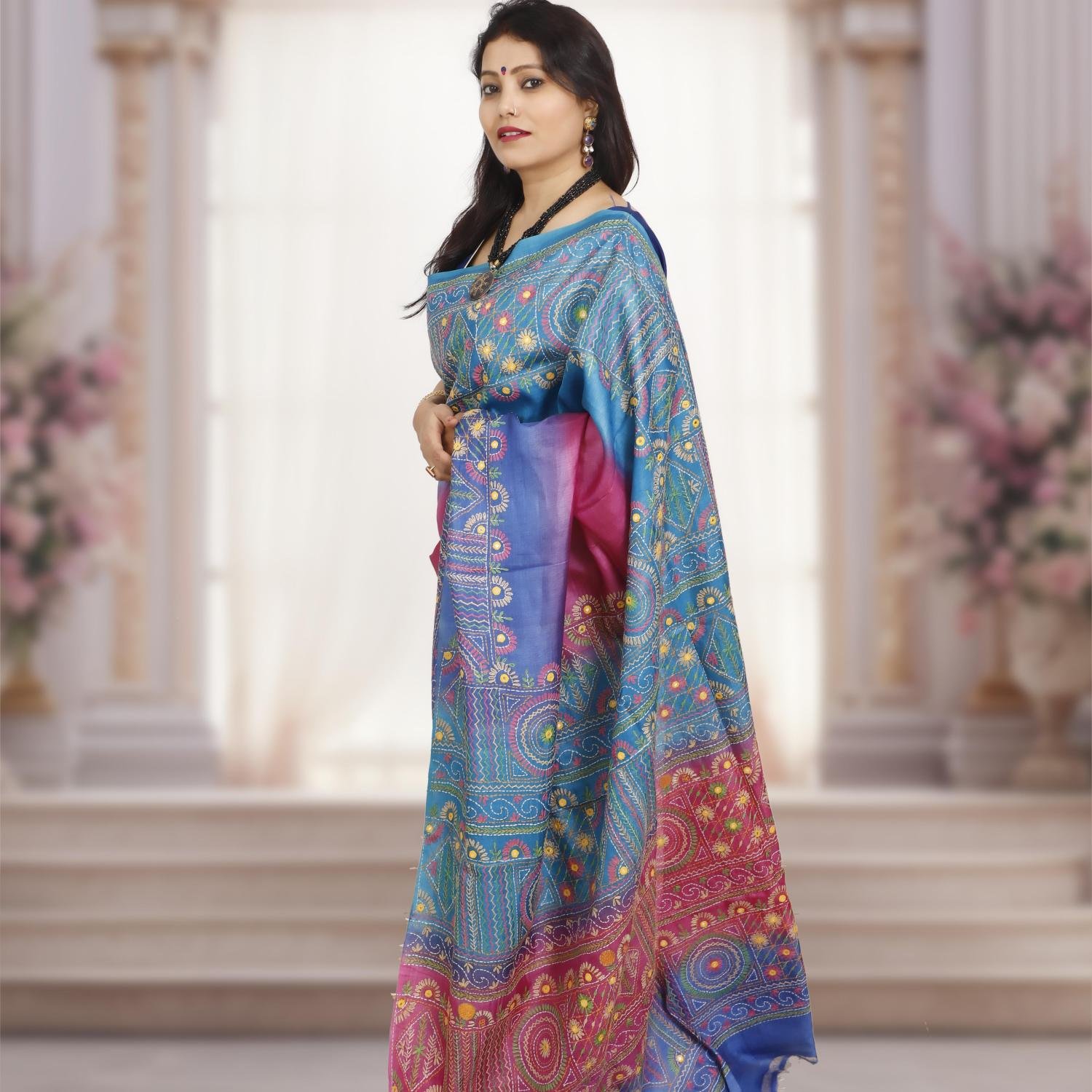 Pure Tusser Silk Lambani Stitch Saree – Blue & Pink