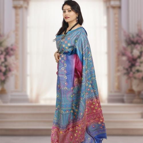 Pure Tusser Silk Lambani Stitch Saree – Blue & Pink