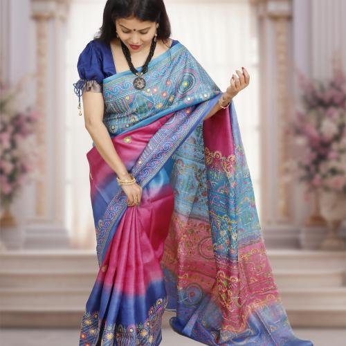 Pure Tusser Silk Lambani Stitch Saree – Blue & Pink