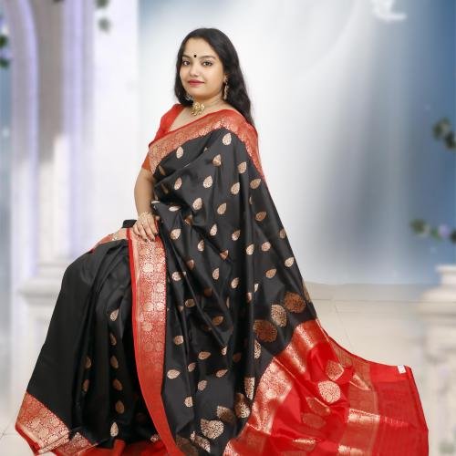 Banarasi Handloom Pure Katan Silk Saree with Kaduwa Zari Buti – Black & Red