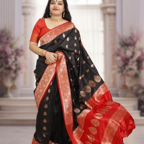 Banarasi Handloom Pure Katan Silk Saree with Kaduwa Zari Buti – Black & Red