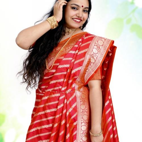 Banarasi Katan by Katan Silk Saree with Leheria – Dual Tone Dark Pink & Orange