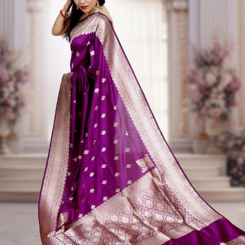 Deep Purple Katan Mulberry Silk Saree with Gold & Silver Kadwa Weaving