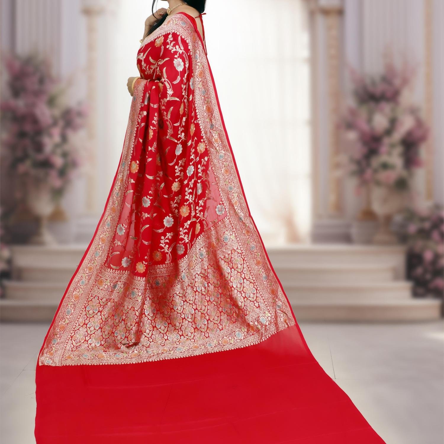 Red Pure Khaddi Meenakari Jaal Banarasi Saree