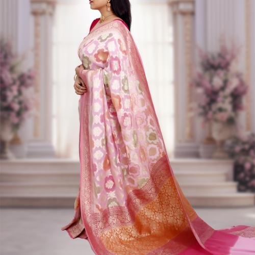 Rangkat Pure Khaddi Georgette Banarasi Handloom Saree – Pink Base
