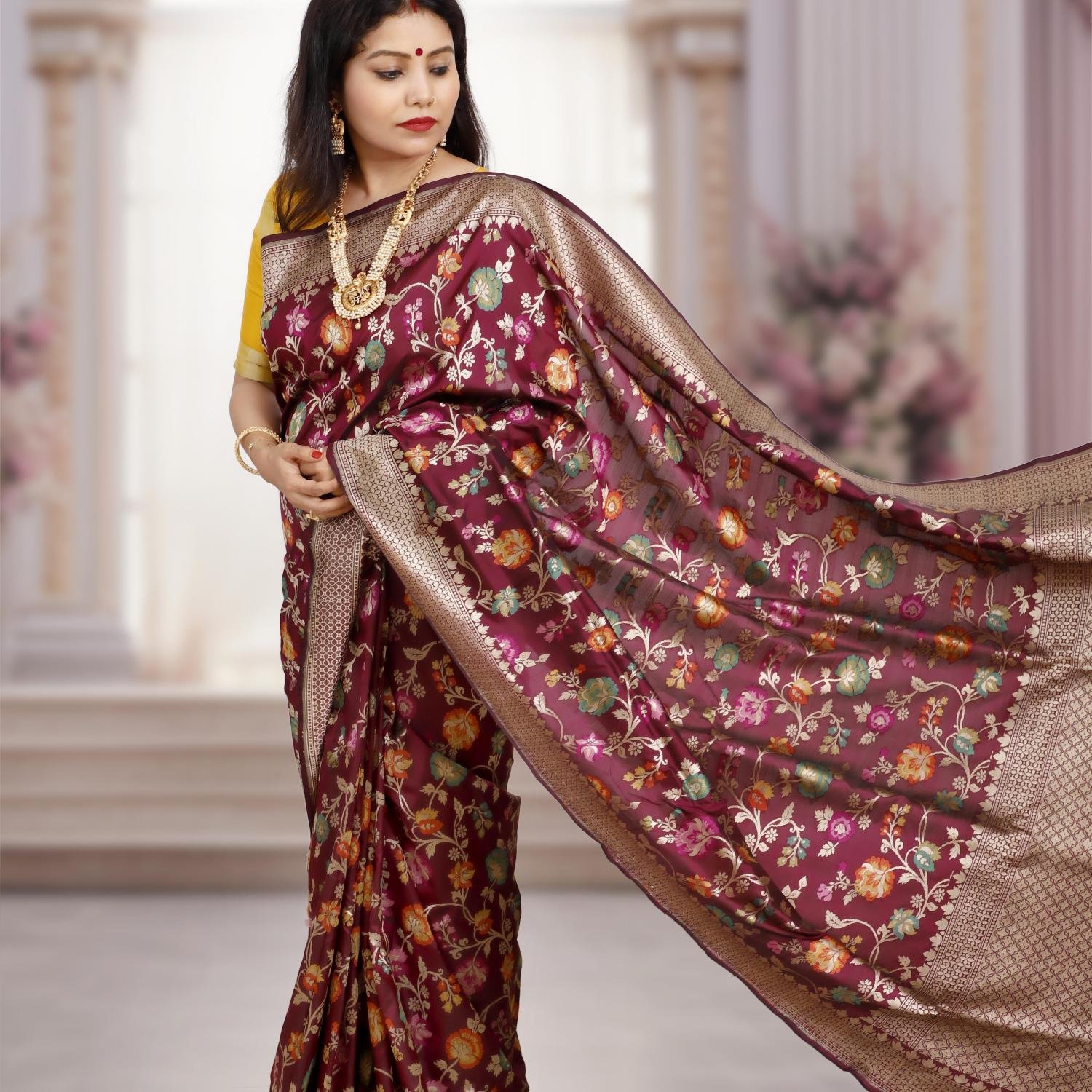 Pure Katan Silk Banarasi Jamdani Saree – Handwoven with Floral Motifs
