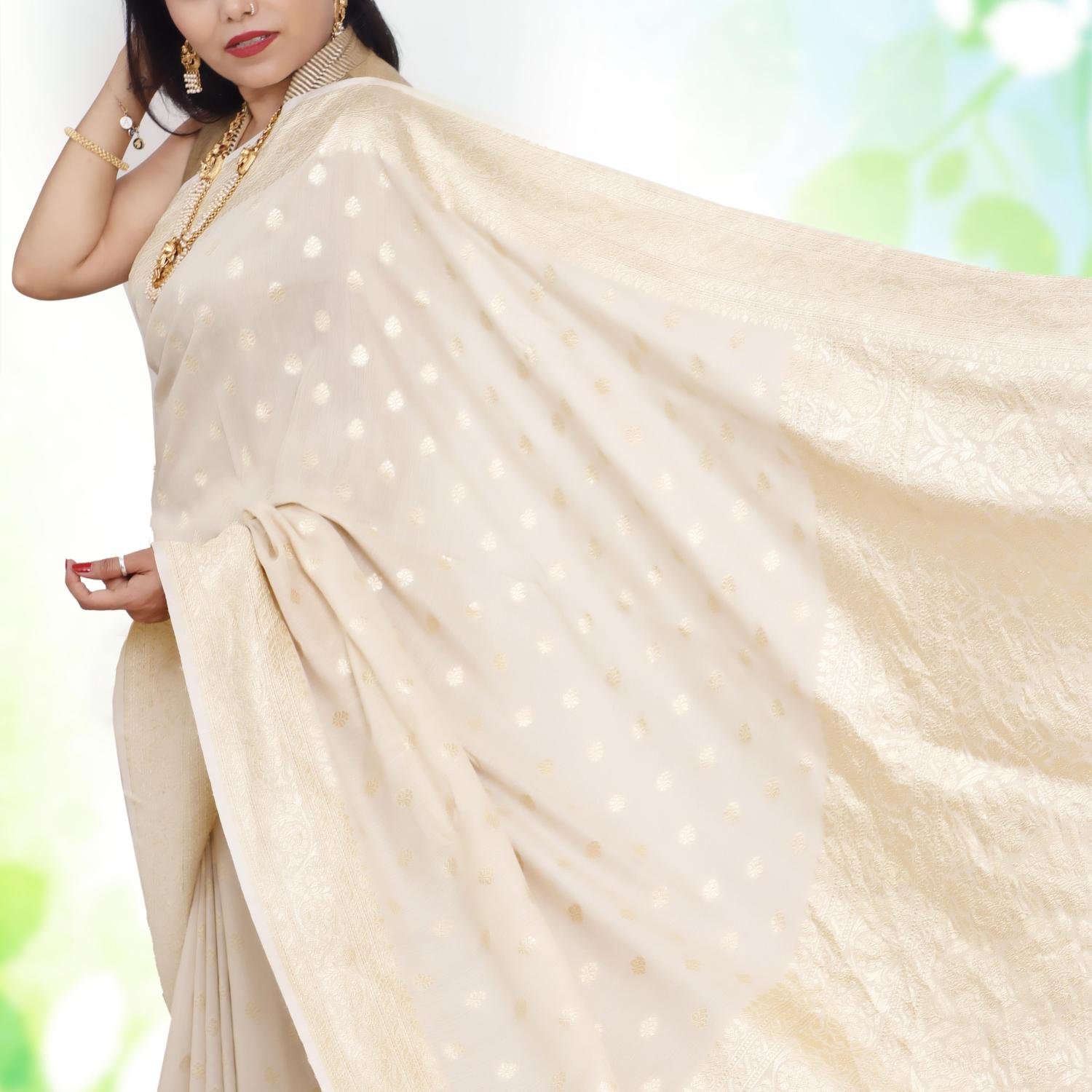 Pure Khaddi Moonga Banarasi Handloom Saree – Ivory (Dyeable)